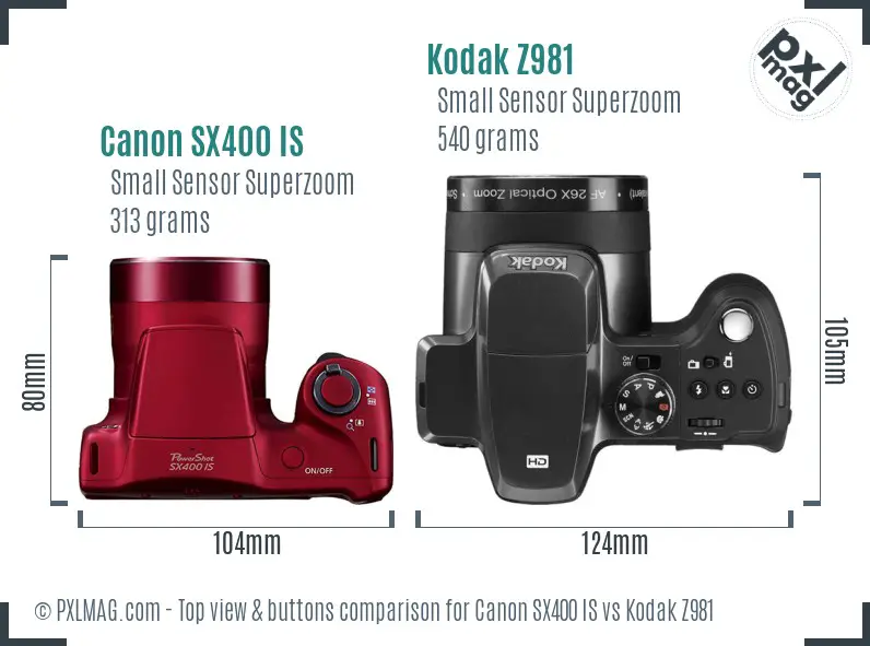 Canon SX400 IS vs Kodak Z981 top view buttons comparison