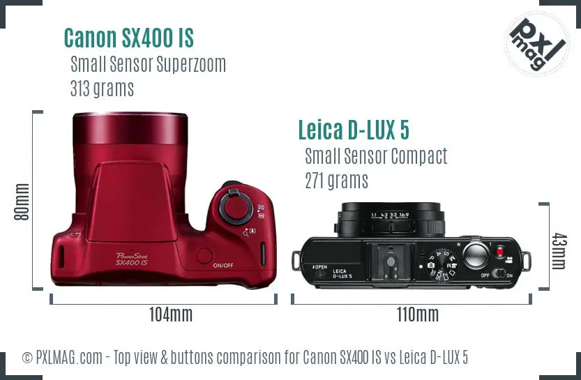 Canon SX400 IS vs Leica D-LUX 5 top view buttons comparison