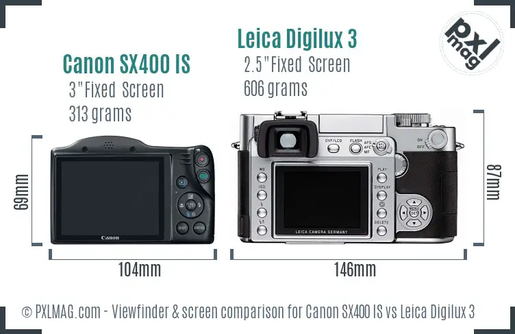 Canon SX400 IS vs Leica Digilux 3 Screen and Viewfinder comparison