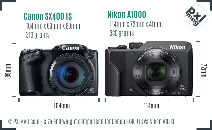 Canon SX400 IS vs Nikon A1000 size comparison