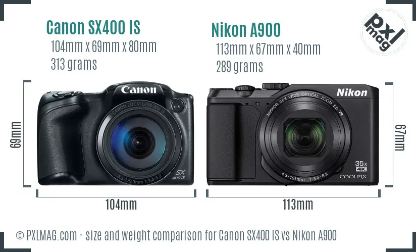 Canon SX400 IS vs Nikon A900 size comparison