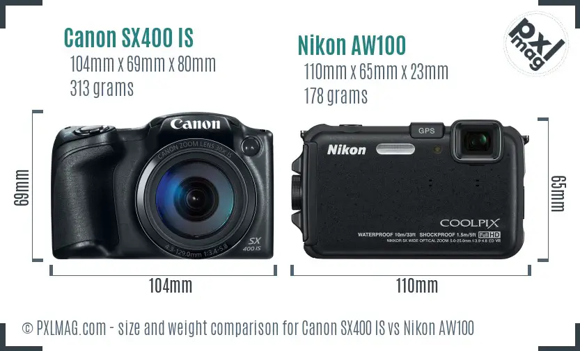 Canon SX400 IS vs Nikon AW100 size comparison