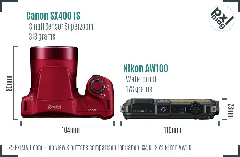 Canon SX400 IS vs Nikon AW100 top view buttons comparison