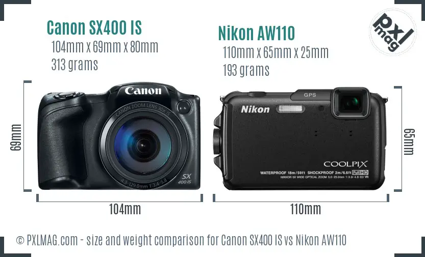 Canon SX400 IS vs Nikon AW110 size comparison