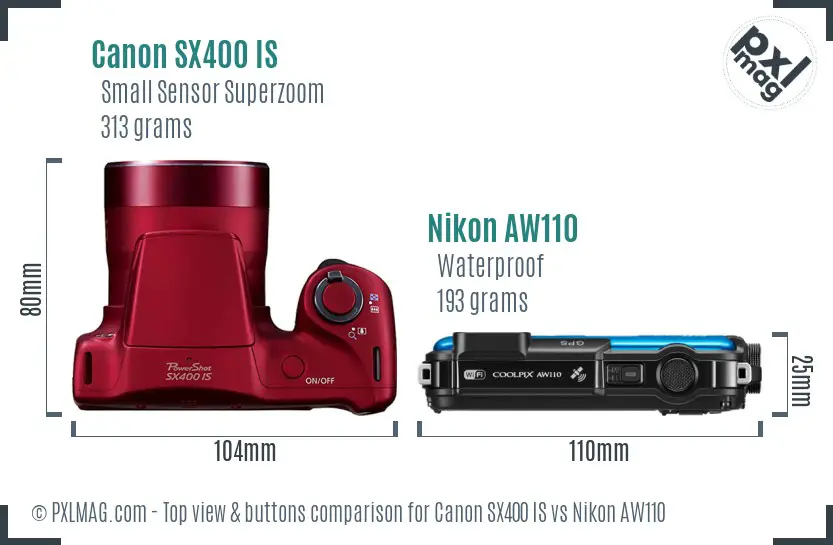 Canon SX400 IS vs Nikon AW110 top view buttons comparison