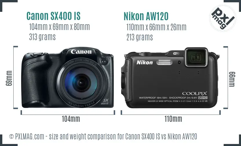 Canon SX400 IS vs Nikon AW120 size comparison Canon SX400 IS vs Nikon AW120 size comparison