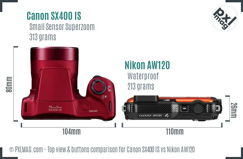 Canon SX400 IS vs Nikon AW120 top view buttons comparison Canon SX400 IS vs Nikon AW120 top view buttons comparison