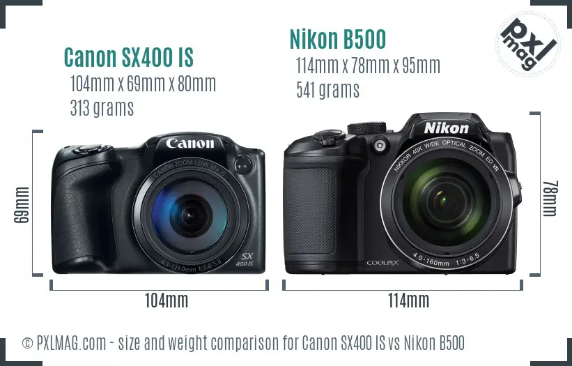 Canon SX400 IS vs Nikon B500 size comparison