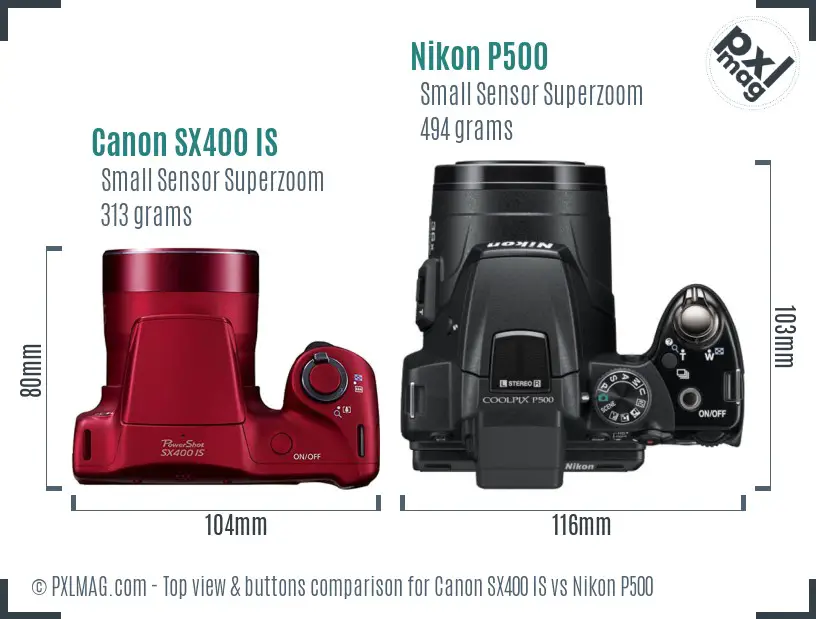Canon SX400 IS vs Nikon P500 top view buttons comparison
