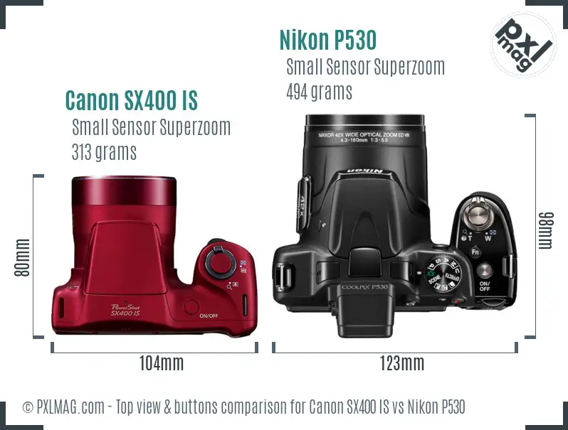 Canon SX400 IS vs Nikon P530 top view buttons comparison