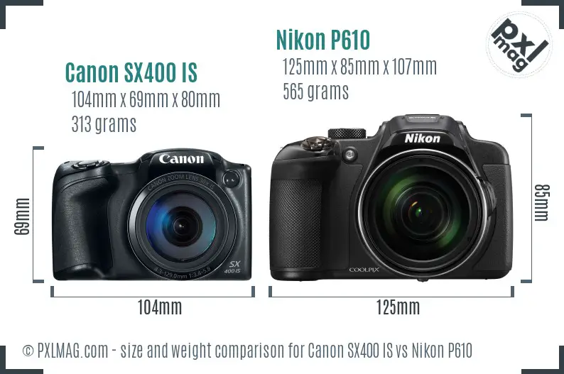 Canon SX400 IS vs Nikon P610 size comparison