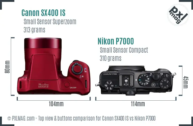 Canon SX400 IS vs Nikon P7000 top view buttons comparison