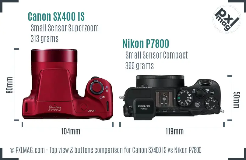 Canon SX400 IS vs Nikon P7800 top view buttons comparison