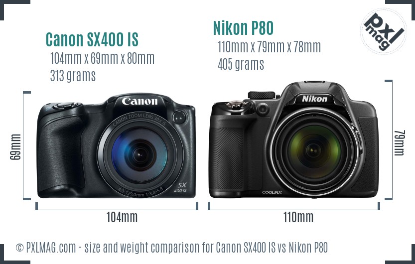Canon SX400 IS vs Nikon P80 size comparison