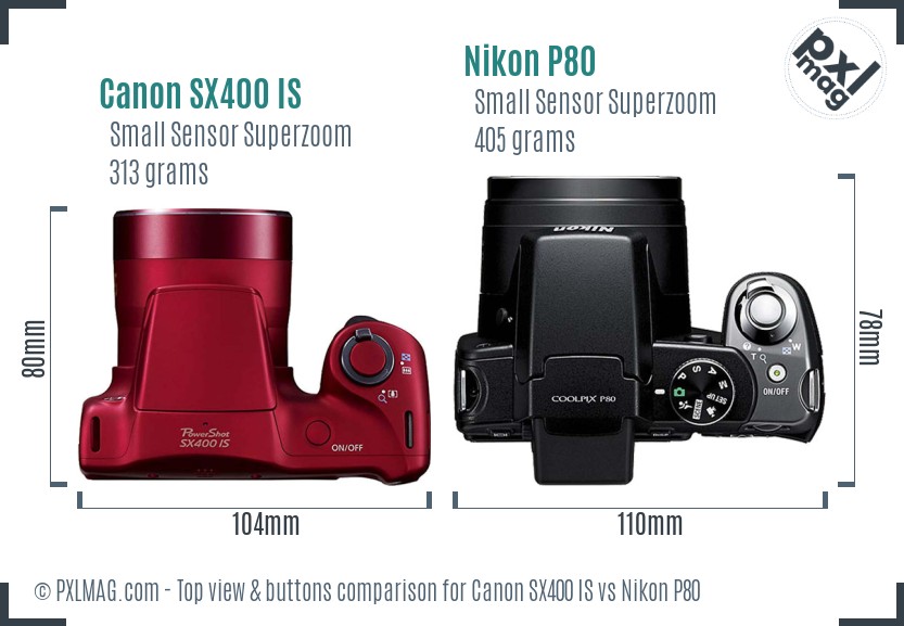 Canon SX400 IS vs Nikon P80 top view buttons comparison