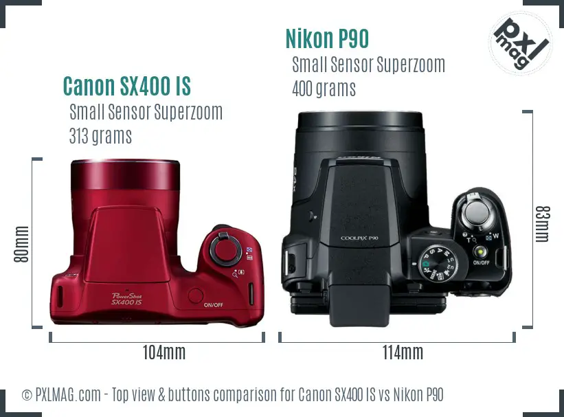 Canon SX400 IS vs Nikon P90 top view buttons comparison Canon SX400 IS vs Nikon P90 top view buttons comparison