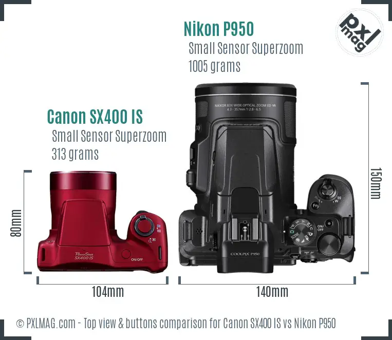 Canon SX400 IS vs Nikon P950 top view buttons comparison