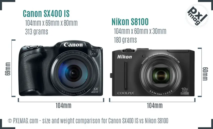Canon SX400 IS vs Nikon S8100 size comparison