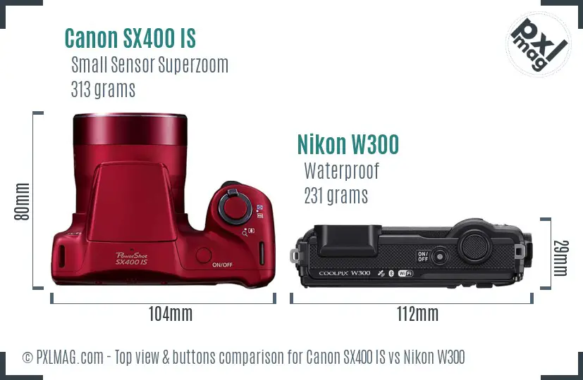 Canon SX400 IS vs Nikon W300 top view buttons comparison Canon SX400 IS vs Nikon W300 top view buttons comparison