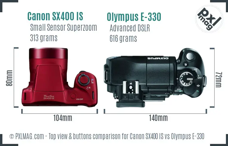 Canon SX400 IS vs Olympus E-330 top view buttons comparison