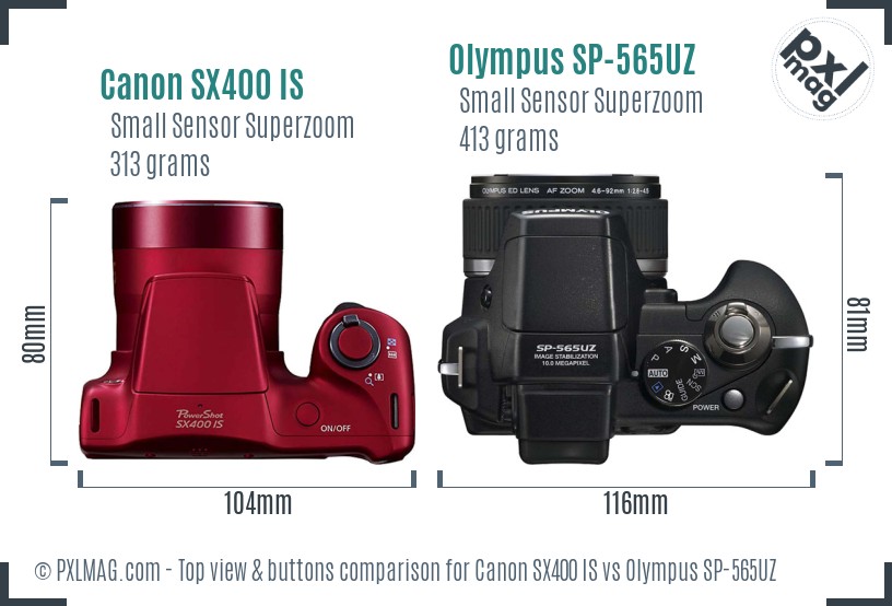 Canon SX400 IS vs Olympus SP-565UZ top view buttons comparison