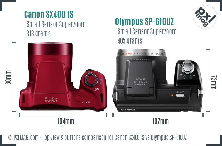 Canon SX400 IS vs Olympus SP-610UZ top view buttons comparison Canon SX400 IS vs Olympus SP-610UZ top view buttons comparison
