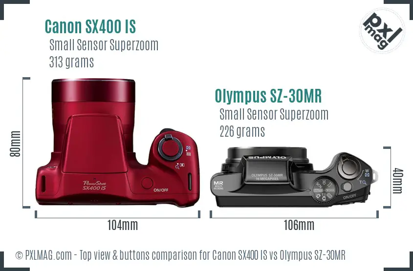 Canon SX400 IS vs Olympus SZ-30MR top view buttons comparison Canon SX400 IS vs Olympus SZ-30MR top view buttons comparison