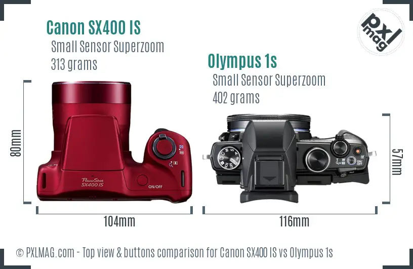 Canon SX400 IS vs Olympus 1s top view buttons comparison Canon SX400 IS vs Olympus 1s top view buttons comparison
