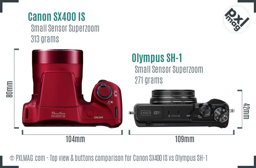Canon SX400 IS vs Olympus SH-1 top view buttons comparison Canon SX400 IS vs Olympus SH-1 top view buttons comparison