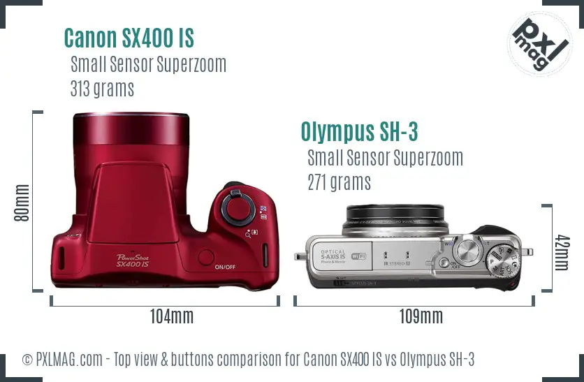 Canon SX400 IS vs Olympus SH-3 top view buttons comparison