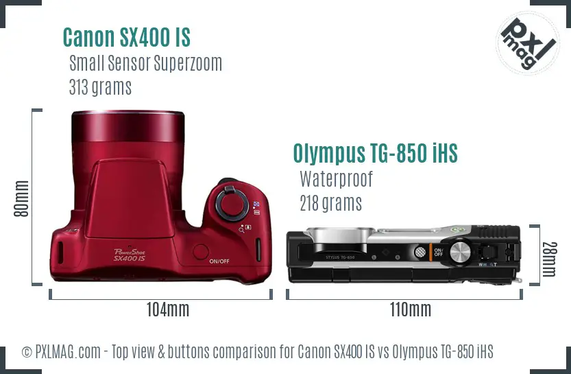 Canon SX400 IS vs Olympus TG-850 iHS top view buttons comparison Canon SX400 IS vs Olympus TG-850 iHS top view buttons comparison