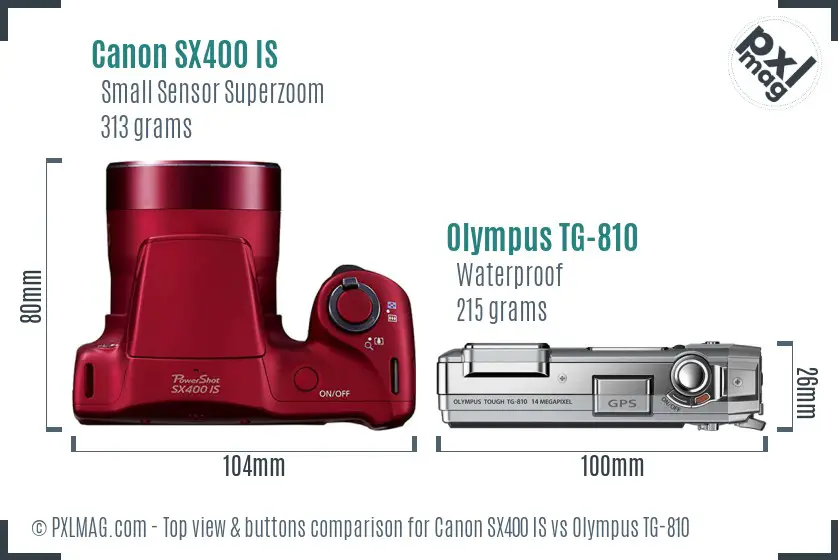 Canon SX400 IS vs Olympus TG-810 top view buttons comparison Canon SX400 IS vs Olympus TG-810 top view buttons comparison