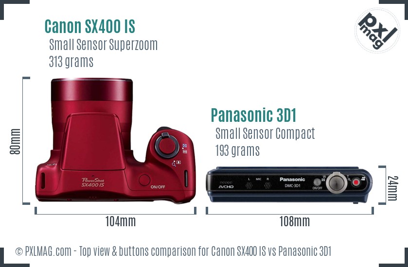 Canon SX400 IS vs Panasonic 3D1 top view buttons comparison