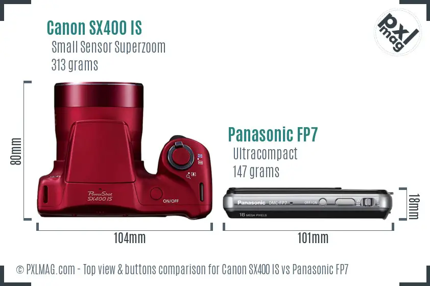 Canon SX400 IS vs Panasonic FP7 top view buttons comparison