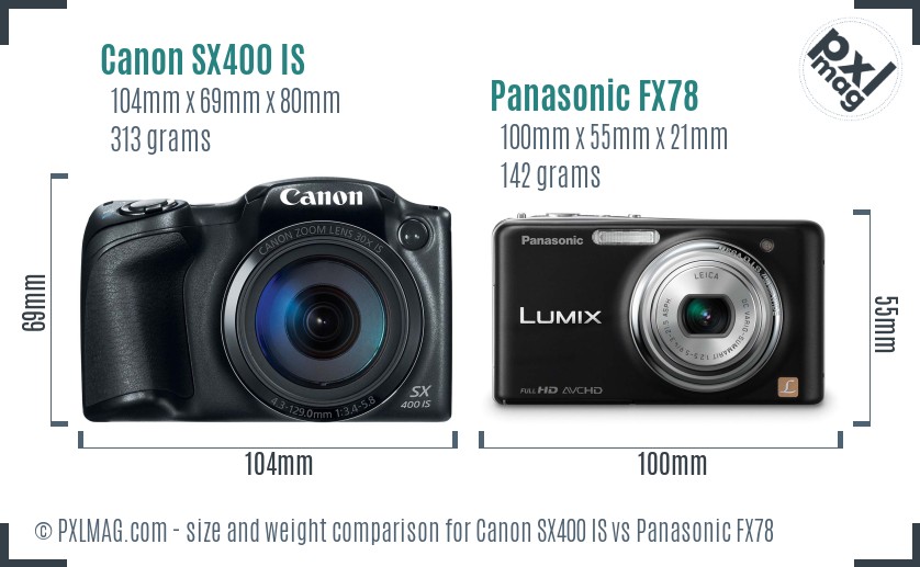 Canon SX400 IS vs Panasonic FX78 size comparison
