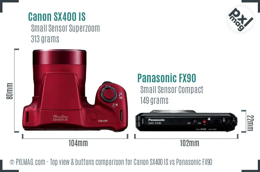 Canon SX400 IS vs Panasonic FX90 top view buttons comparison Canon SX400 IS vs Panasonic FX90 top view buttons comparison