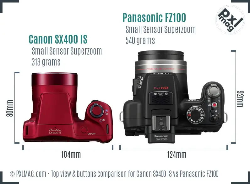 Canon SX400 IS vs Panasonic FZ100 top view buttons comparison