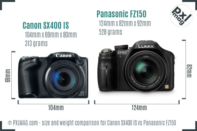 Canon SX400 IS vs Panasonic FZ150 size comparison