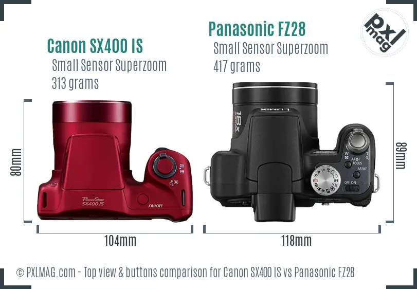 Canon SX400 IS vs Panasonic FZ28 top view buttons comparison