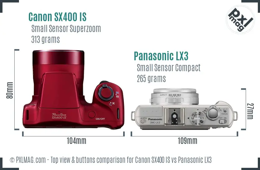 Canon SX400 IS vs Panasonic LX3 top view buttons comparison