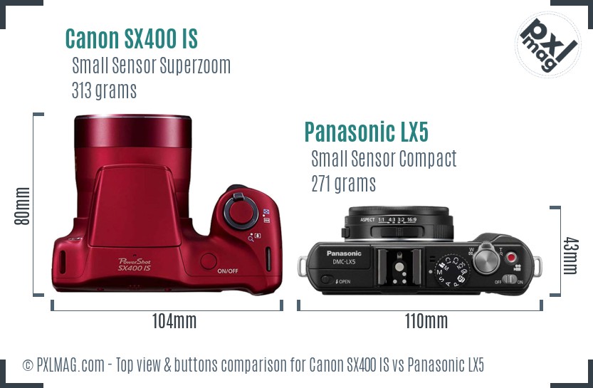 Canon SX400 IS vs Panasonic LX5 top view buttons comparison