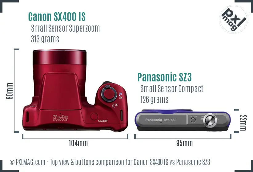 Canon SX400 IS vs Panasonic SZ3 top view buttons comparison