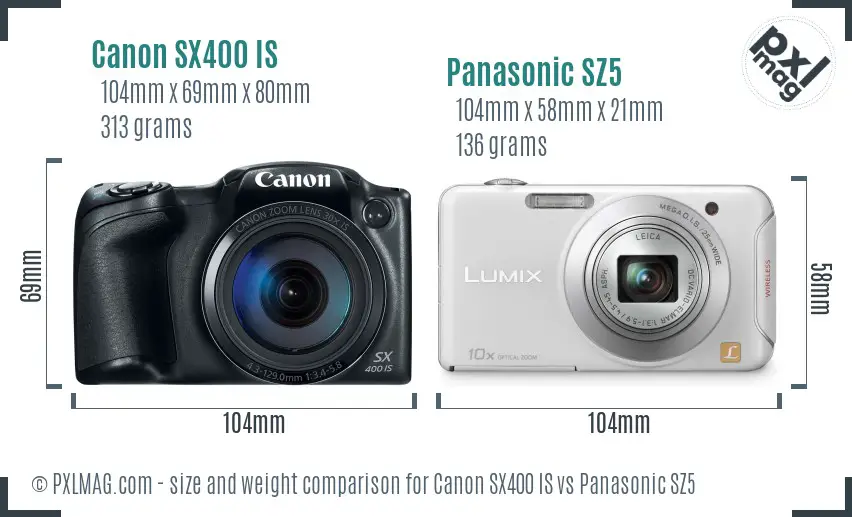 Canon SX400 IS vs Panasonic SZ5 size comparison
