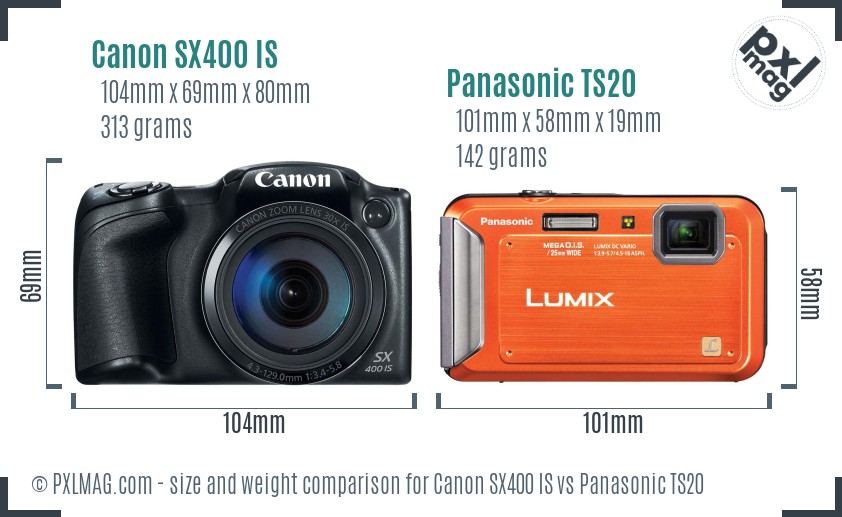 Canon SX400 IS vs Panasonic TS20 size comparison