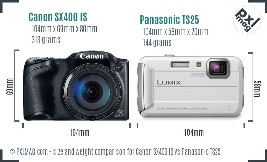 Canon SX400 IS vs Panasonic TS25 size comparison