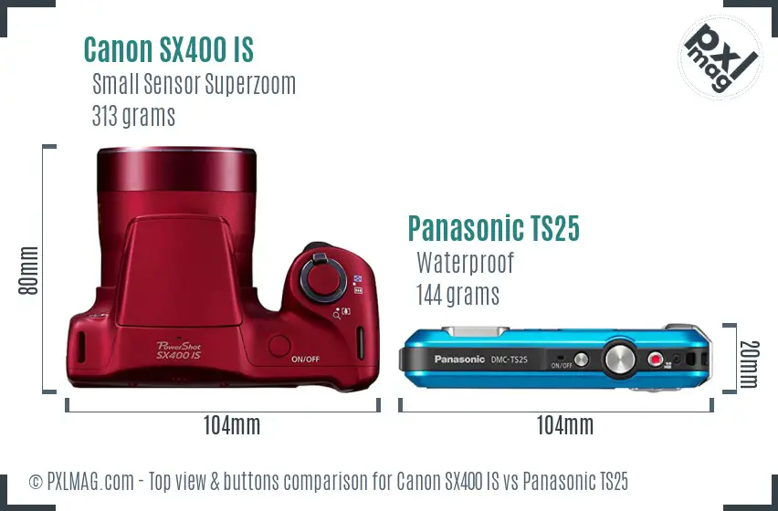 Canon SX400 IS vs Panasonic TS25 top view buttons comparison