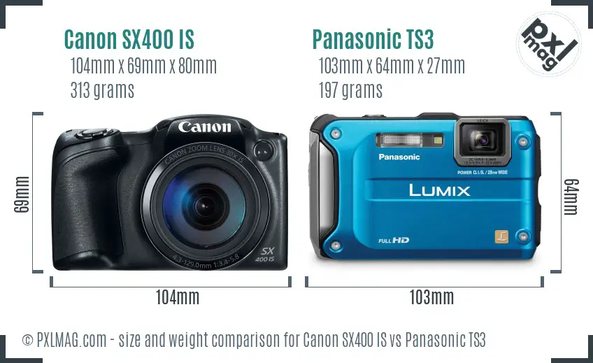 Canon SX400 IS vs Panasonic TS3 size comparison