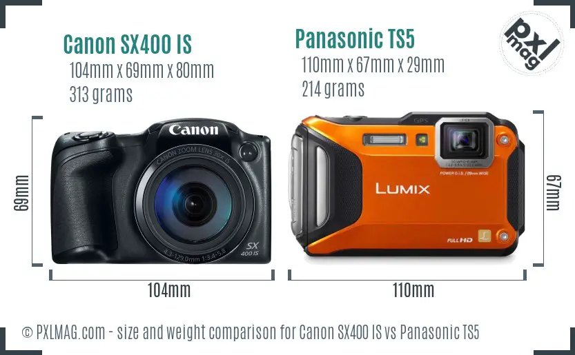 Canon SX400 IS vs Panasonic TS5 size comparison