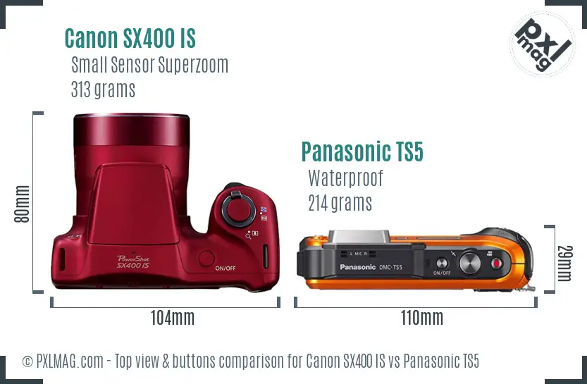 Canon SX400 IS vs Panasonic TS5 top view buttons comparison