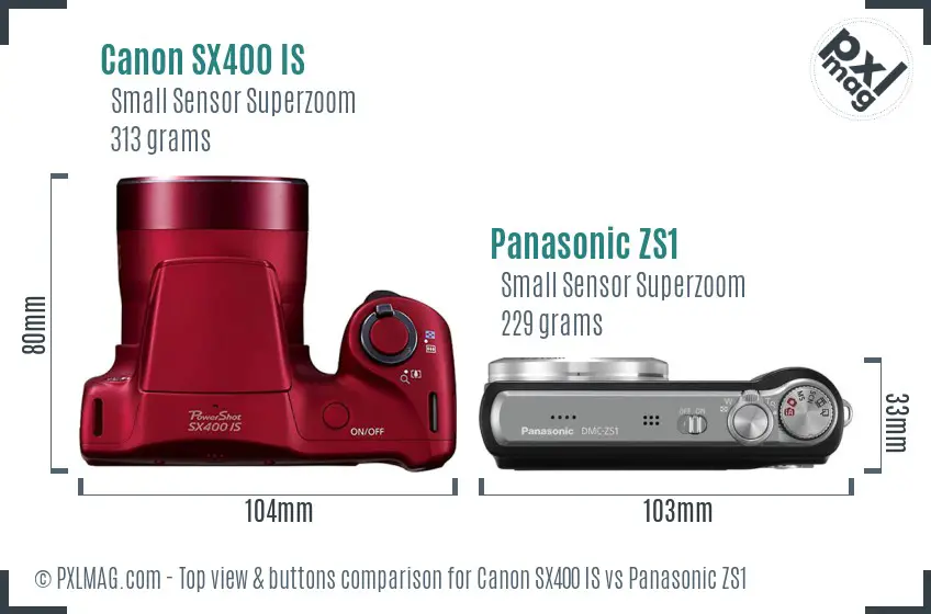 Canon SX400 IS vs Panasonic ZS1 top view buttons comparison